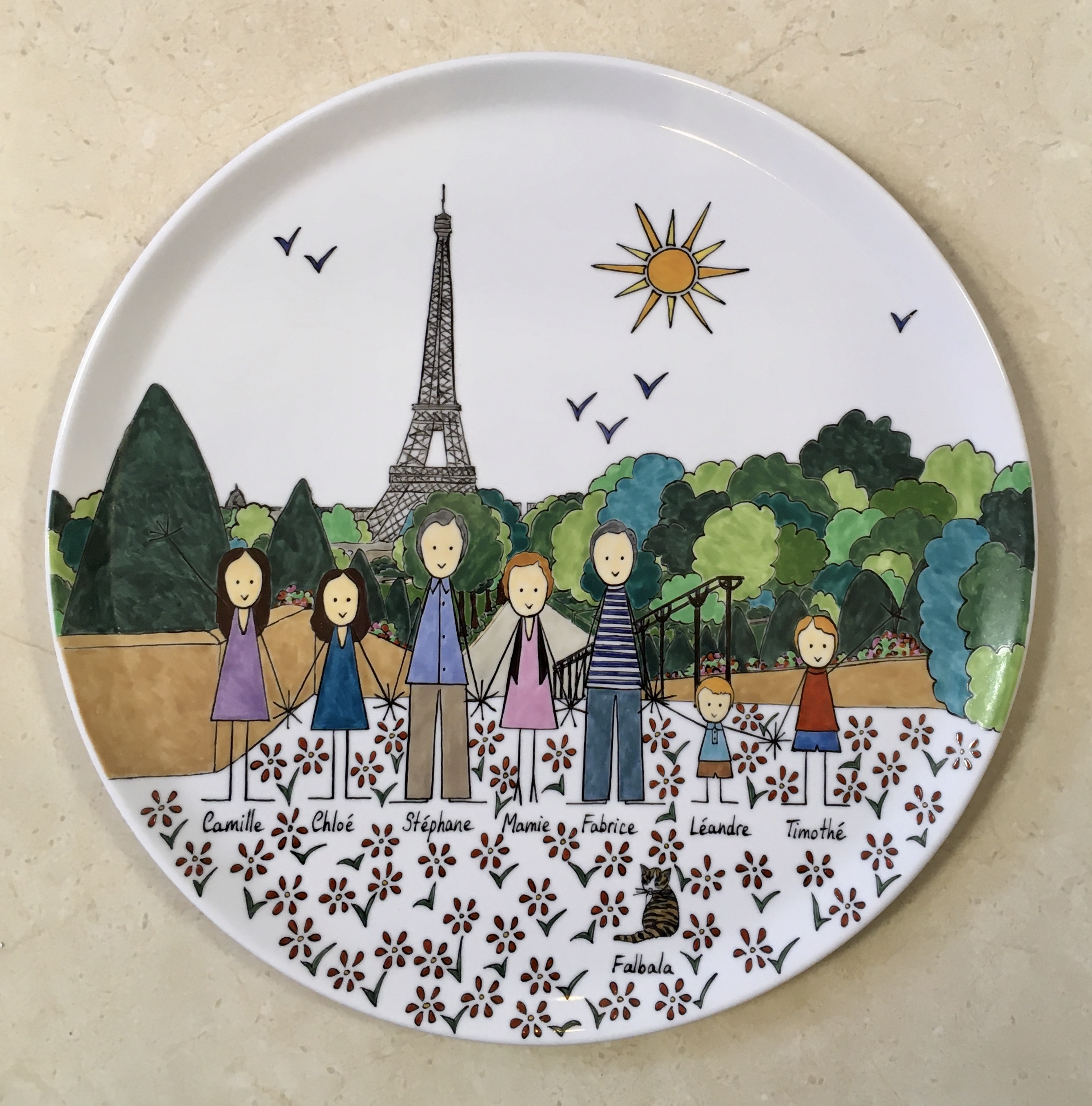 - Cadeau Maman plat à tarte en porcelaine personnalisé dans un style naïf par une famille et ses passions.